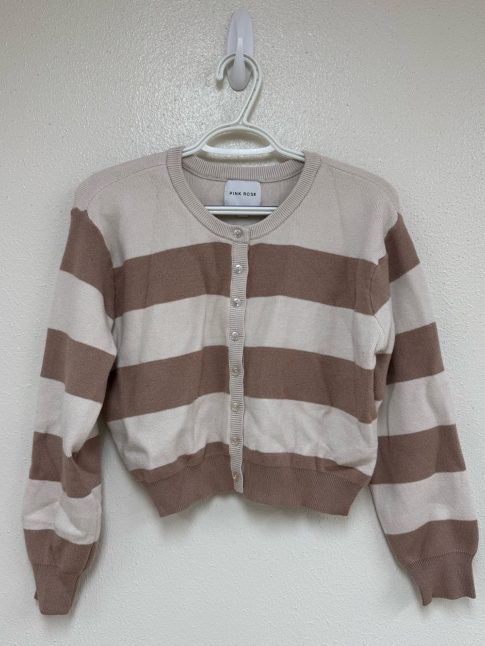 Pink Rose Women's Cream and Brown Striped Button Cardigan Sweater - Women’s M